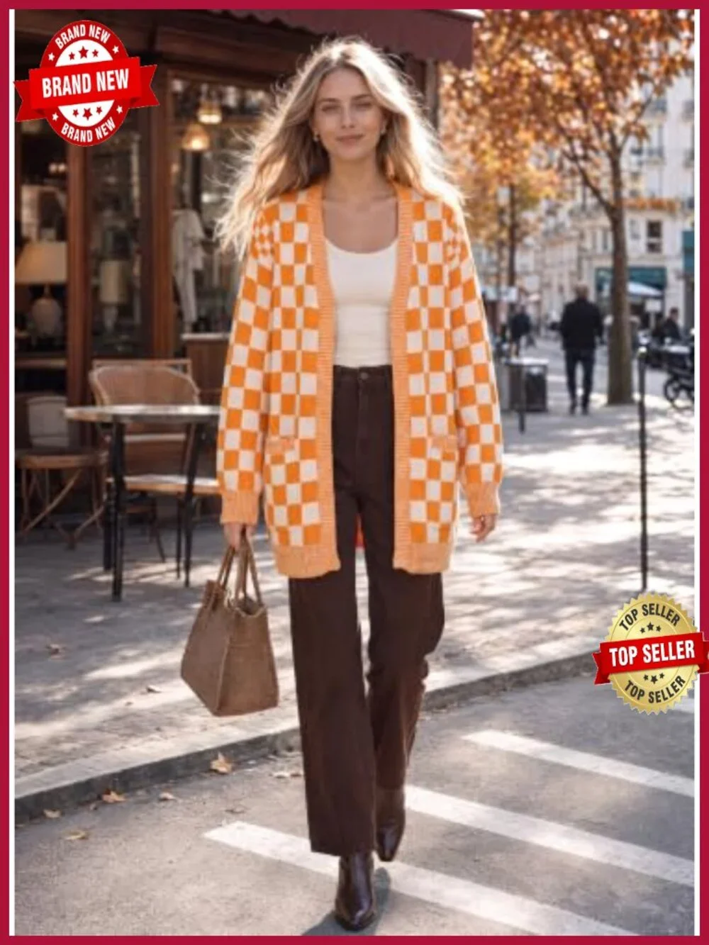 Chunky Knit Checkered Cardigan Sweater - Open Front with Pockets